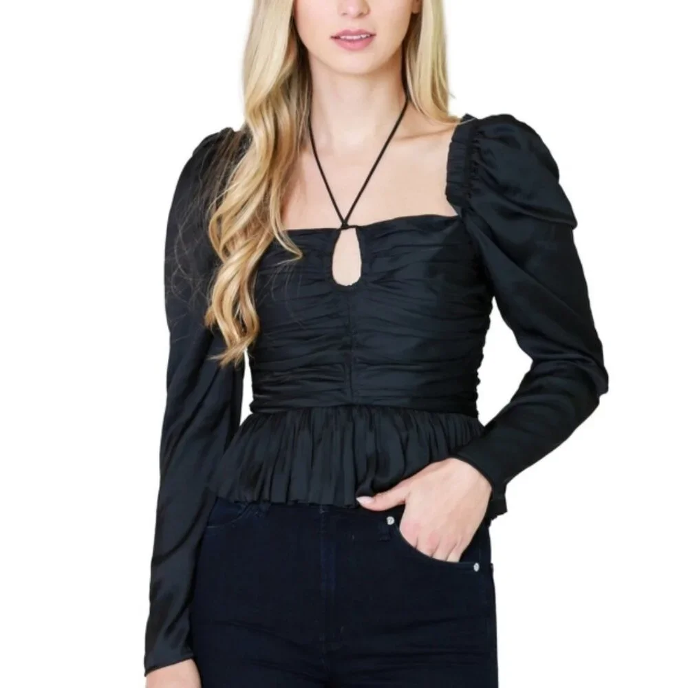 NWOT Ulla Johnson Mirelle Black Ruched Peplum Noir Blouse M $395